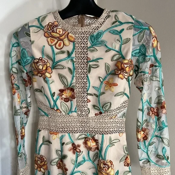 Vone Floral Embroidered Long Sleeve Mini Dress S Small Boho Black Cocktail Small - Picture 2 of 11